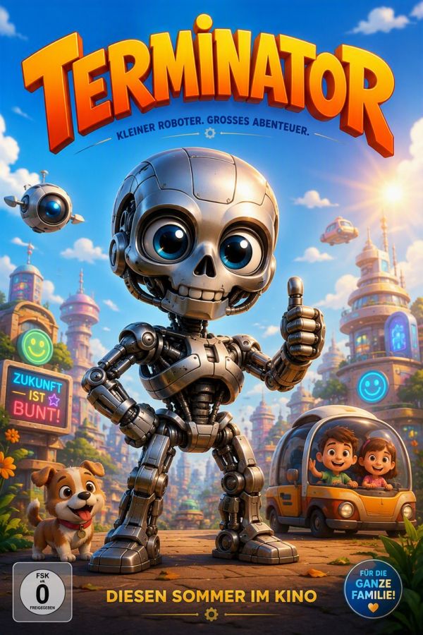 KI-generiertes Bild, das ein Poster einer Kinderfilmfassung von "Terminator" zeigt
